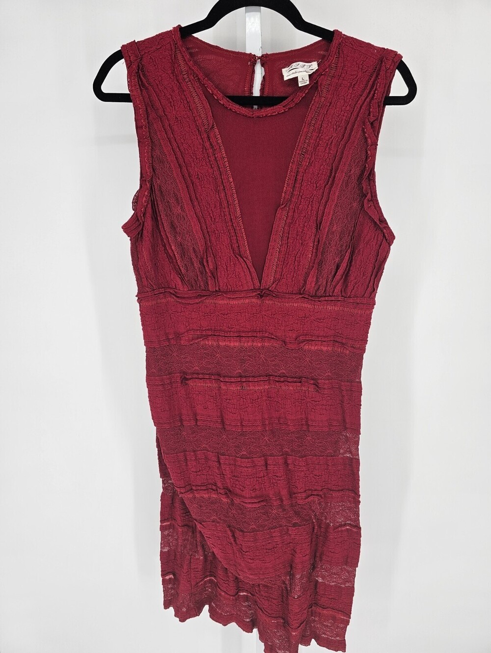 Max Studio M.S.S.P. lace and ruffle bodycon dress Womens Sz L Red Sleeveless